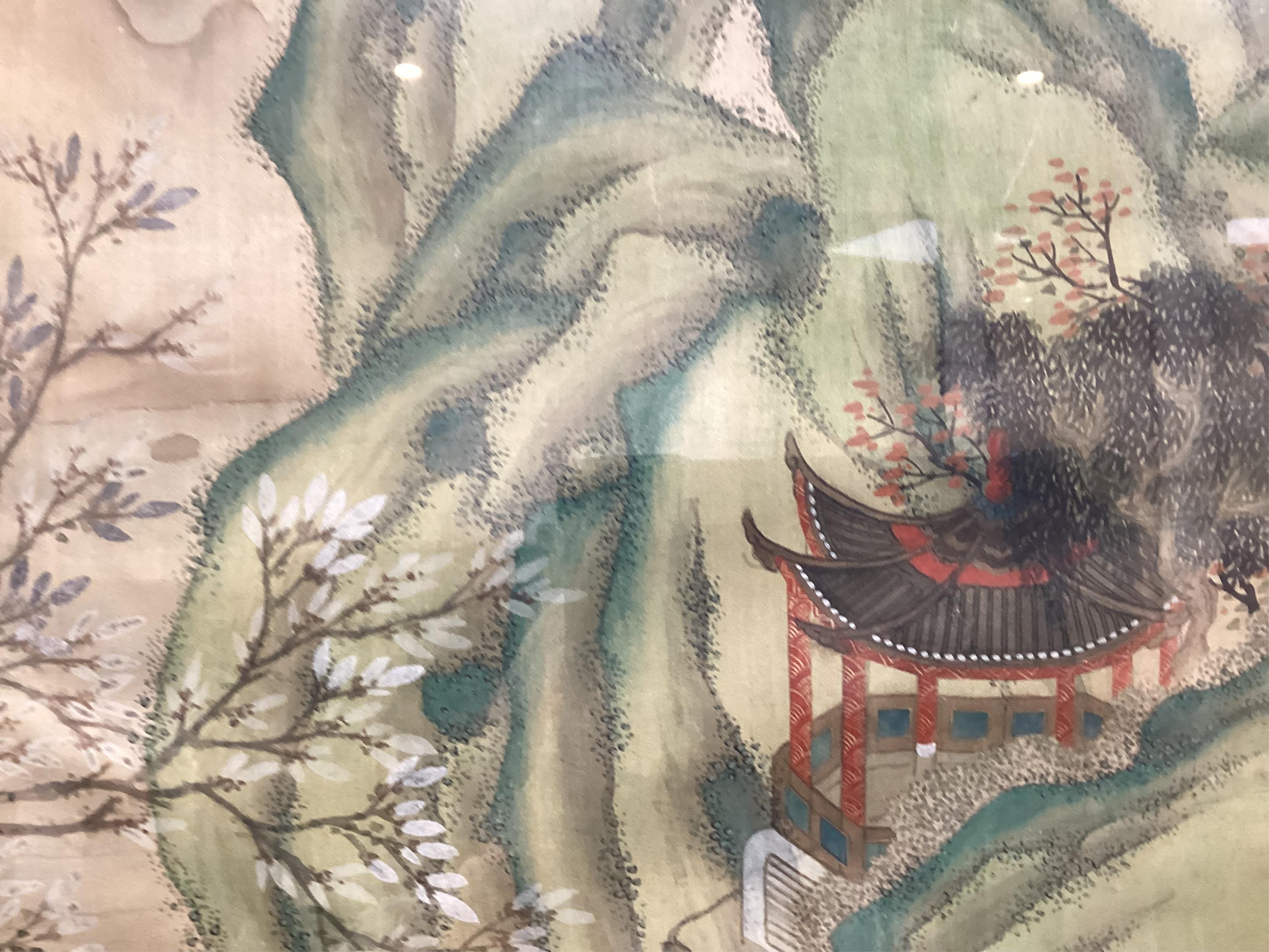 Chinese School , (late 19th century), Ladies in a garden, Ink and colour on silk, 107cm x 41cm, excluding brocade border